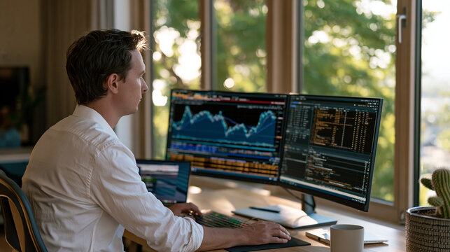 Quantitative analyst debugging algorithmic trading dashboard logic at rain-soaked window workstation, September market open preparation, systematic strategy parameters and