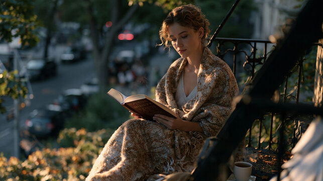 Young woman sitting on a fire escape landing wrapped in a blanket reading a thick novel while amber leaves scatter below on the September afternoon street and the low golden light