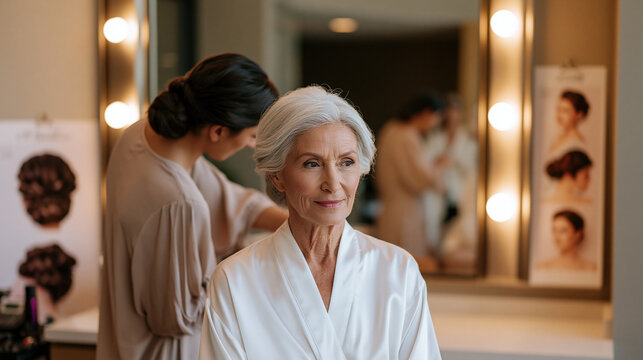 Senior bride at a salon station having her silver hair styled into a low chignon by a young stylist, a mood board of elegant updos pinned beside the mirror, warm vanity bulbs