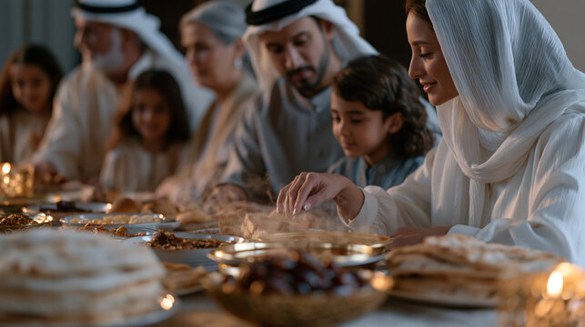 Three generations of a Middle Eastern family gathered around a long tablecloth spread on a living room floor loaded with steaming dishes, stacked flatbreads, and decorative bowls