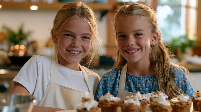 Twin siblings in a home kitchen surrounded by flour clouds and lopsided cupcakes, frosting everywhere, giggling at their baking disaster, modest home setting, September weekend