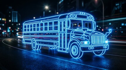 Obraz premium Blue electric bus on futuristic city street at night.