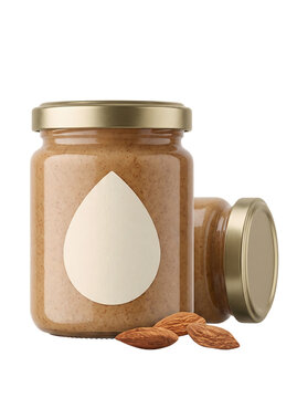 Creamy almond butter in a clear glass jar with a blank almond-shaped label, golden lid, and whole almonds. Natural nut spread for healthy breakfast, snack, or baking ingredient.