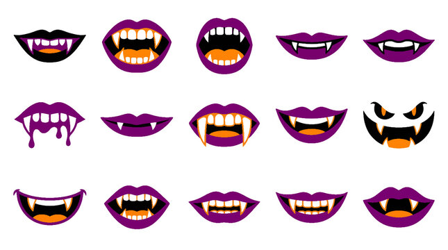Halloween Vampire Mouth Expressions Flat Vector Icon Set