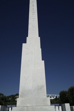 Rome, Italy - October 15, 2025, the Mussolini Obelisk or Obelisk of the Mussolini Forum, now Foro Italico, a colossal monolith of Carrara marble, inaugurated in 1932.