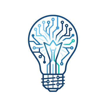 Creative lightbulb logo with internal blue digital circuit board pattern.