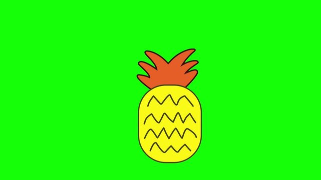 A pineapple with a crown floats smoothly and loops in a flat cartoon animation, a colourful tropical fruit with a fun, modern, and refreshing look. Green screen background. 