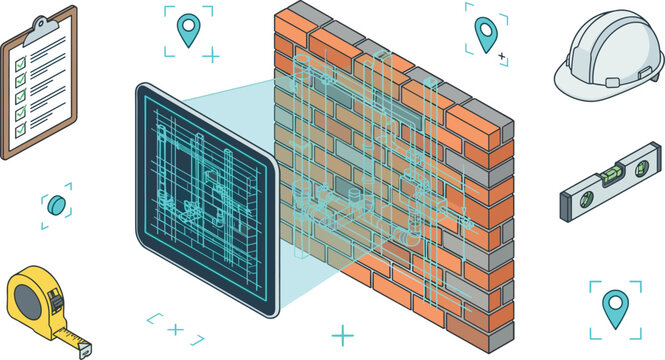 Augmented Reality Construction Scanning Vector Illustration with Tablet Blueprint Overlapping Brick Wall Hard Hat Spirit Level Clipboard and Tape Measure Icons