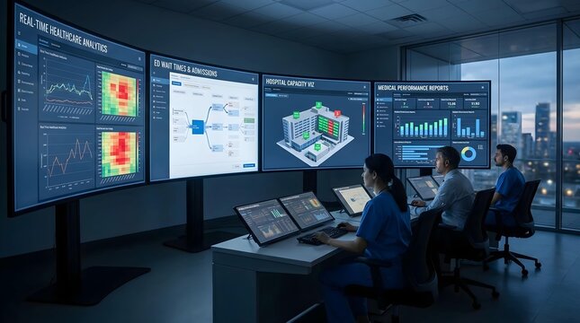 Medical Professionals Monitoring Real Time Health Analytics and Clinical Data on Large Interactive Digital Displays in Modern Office