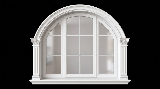 Arched white wooden window frame on black background.