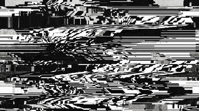 Abstract black and white digital glitch texture.