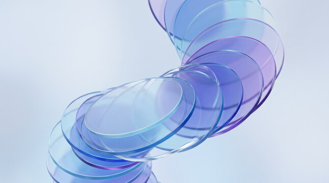 Abstract stacked blue and purple glass disks.