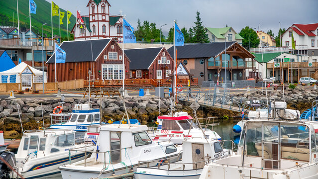 Scenic view of Husavik village in Iceland summer
