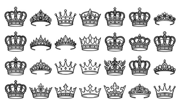 Hand drawn prince crown vector set with king queen tiaras royal heraldic sketch and decorative logo icons