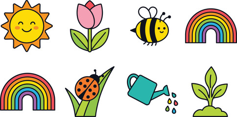 PrintCute spring sticker set with happy sun flower bee ladybug rainbows watering can and green growing plant © Honey!