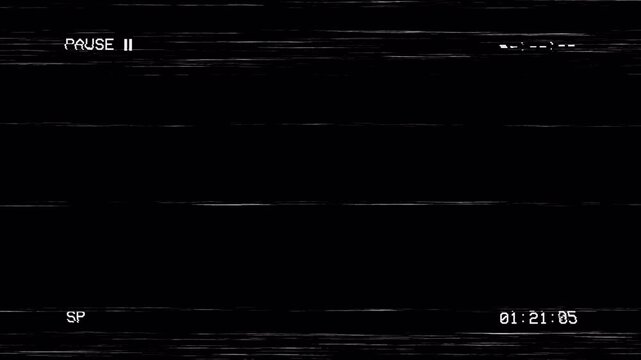 Pause vhs effect shows distorted black video screen with glitch static. Suitable for retro, vintage, technology, entertainment themes. 4k - alpha channel