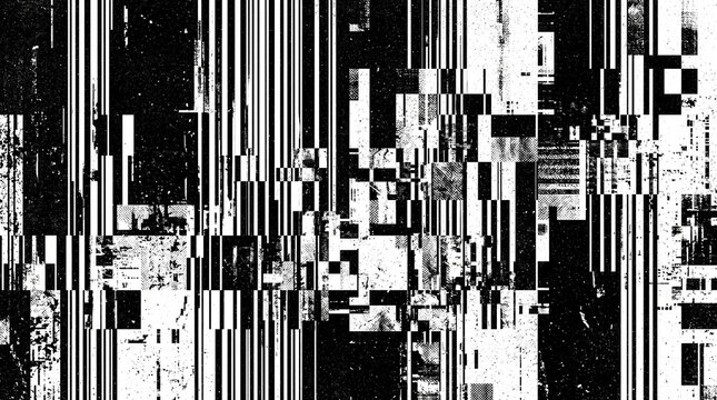 Black and white digital glitch distortion background.