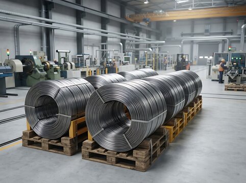 Industrial warehouse interior with large steel wire coils on wooden pallets ready for manufacturing and logistics processing
