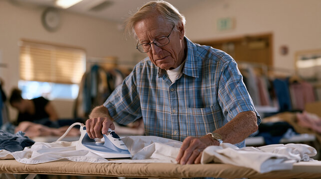 Elderly man in a modest church hall carefully ironing donated clothing items on a padded table, volunteer sorting station, secondhand clothes drive, senior volunteer engagement,