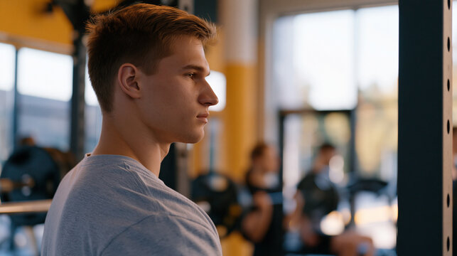 New gym member watching experienced lifters with mix of intimidation and admiration, gym intimidation overcoming narrative, candid observation stance near squat rack, modern