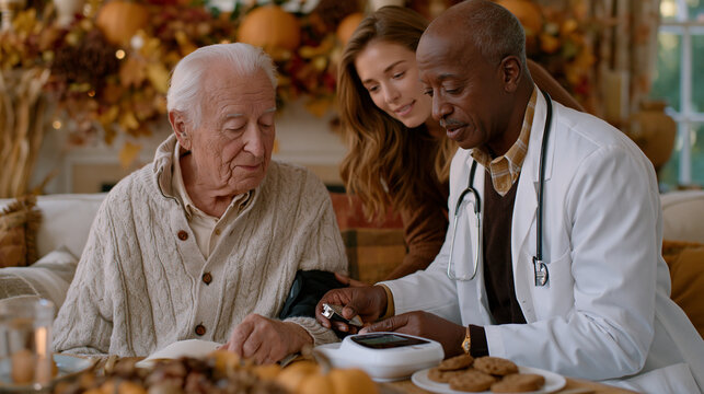 Home health aide assisting an elderly man with remote patient monitoring home system setup in a cluttered but cozy living room filled with autumn harvest decorations, the aide