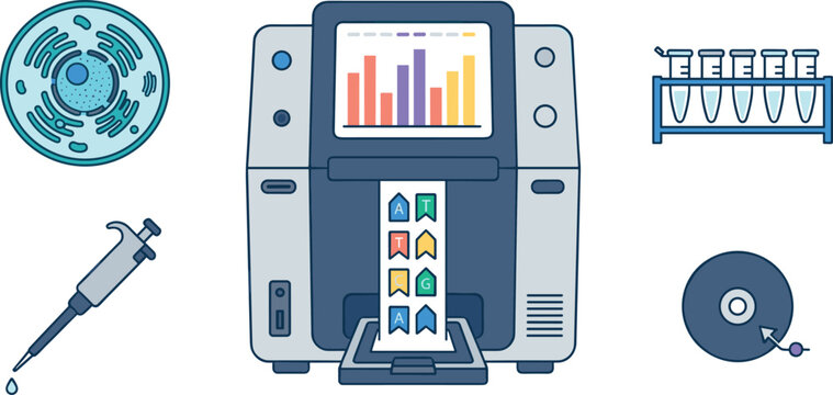 DNA Sequencing Machine Vector Icon Set with Laboratory Equipment Pipette Test Tubes Cell Diagram and Genetic Data Analysis Infographics
