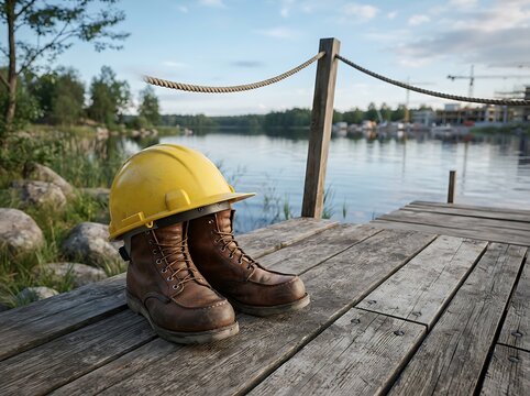 A yellow hard hat resting on a pair of worn brown leather work boots on a wooden dock by a lake