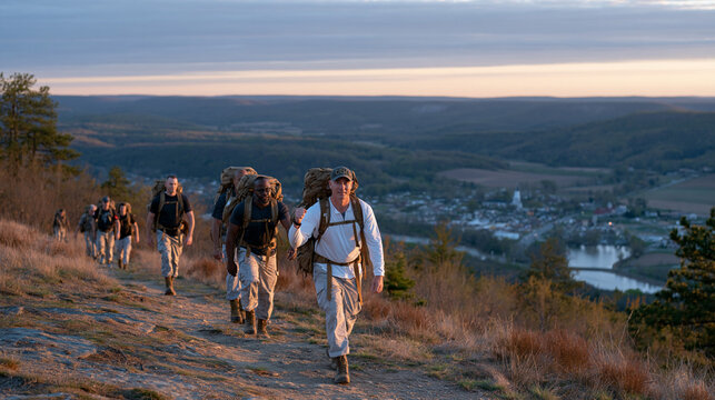 Weekend rucking group cresting wooded ridgeline with loaded packs at golden hour, fitness community belonging rucking trend, multicultural group of adults aged thirty to sixty,