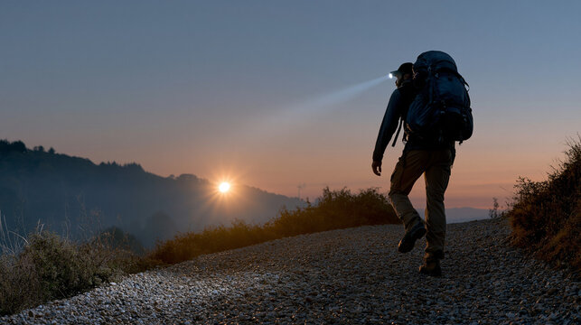 Rucksack hiker ascending steep gravel trail at predawn hour with forty-pound pack, rucking fitness trend outdoor endurance, headlamp cutting through dark rural landscape, boots