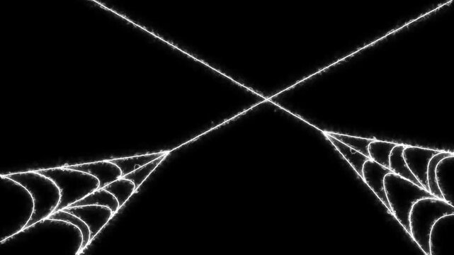 Animated spider web expansion effect with flexible elastic strands, dynamic tension motion design, pulsing cobweb structure and seamless black background horror overlay in ultra 4k loop