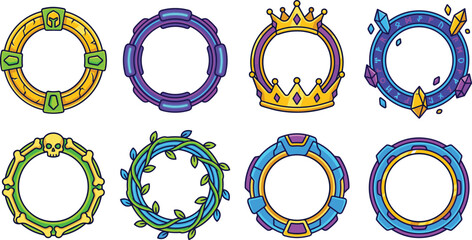 Fantasy game avatar border vector set featuring crown skull magic crystal neon tech and nature frame assets © Honey!