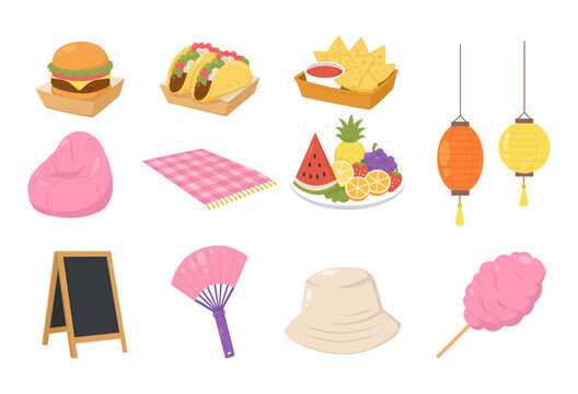 Summer Picnic Elements Collection with Food Fruits Lantern and Accessories Vector Set