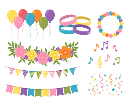 Colorful Party Decoration Elements Set with Balloons Flowers Bunting Music Notes and Confetti