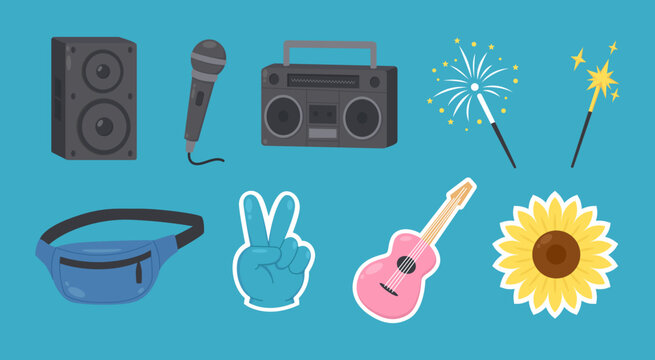 Music Festival Elements Collection with Speaker Microphone Guitar Sparklers and Accessories Vector Set