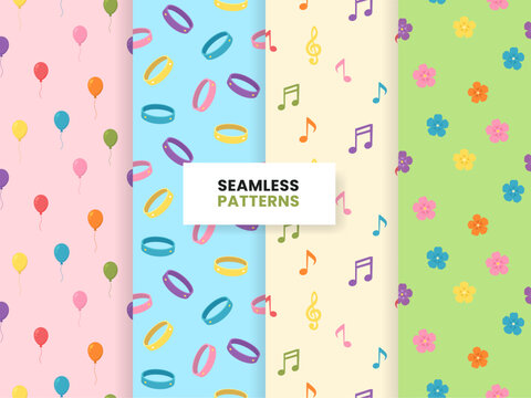 Colorful Summer Party Seamless Patterns Collection with Balloons Bracelets Music Notes and Flowers
