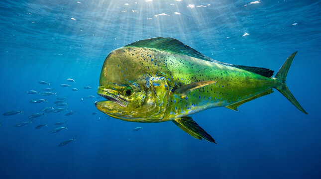 A beautifully detailed photorealistic underwater stock photograph capturing a large colorful mahi-mahi swimming rapidly through sun-dappled open ocean water today.