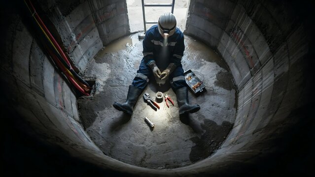 Worker in protective gear performing maintenance inside an industrial tank or silo