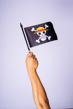 Riau, August 1, 2026, Hand holding a black pirate flag with a skull wearing a straw hat, inspired by anime, isolated on light background