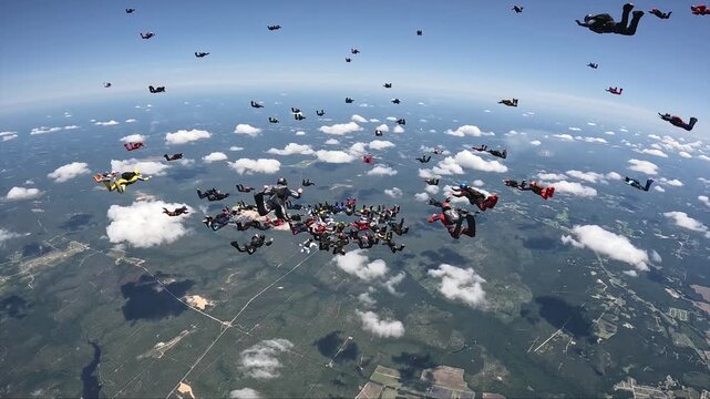 More than 100 skydivers together in a large formation.