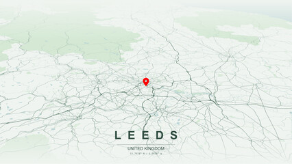 Minimalist vector map of Leeds, West Yorkshire, England. High-quality scalable illustration of Leeds geographic boundaries along River Aire and Leeds and Liverpool Canal contours for posters design. © AliRza