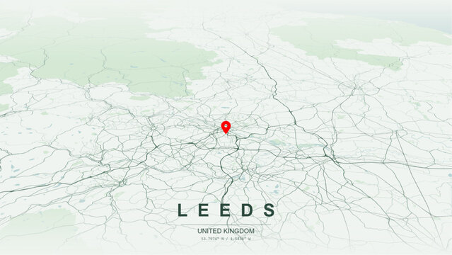 Minimalist vector map of Leeds, West Yorkshire, England. High-quality scalable illustration of Leeds geographic boundaries along River Aire and Leeds and Liverpool Canal contours for posters design.