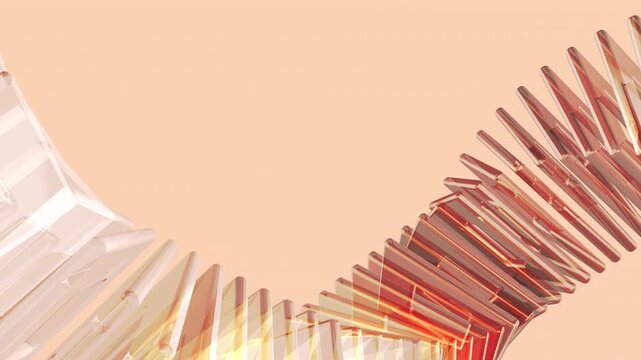 Floating transparent glass rectangles forming a smooth twisting structure. Elegant crystal panels with glossy orange gradients and subtle light refraction on transparent background