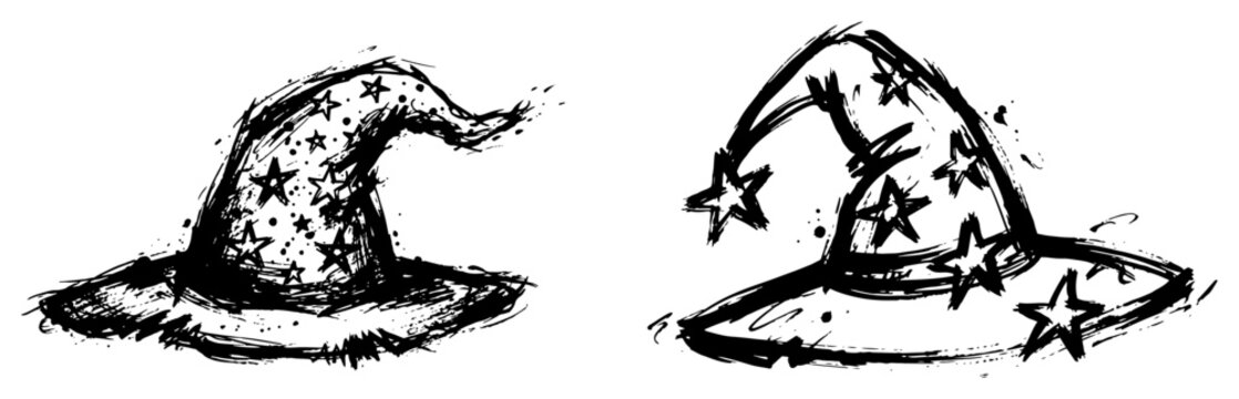 Magic wizard hats with star patterns ink sketch illustration