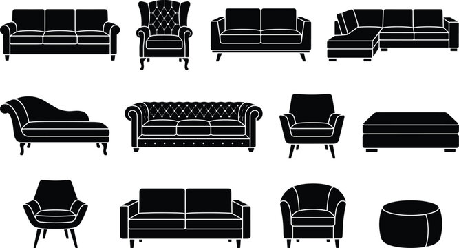 Living Room Furniture Silhouette Icon Set Featuring Sofas Armchairs Chesterfield Chaise Lounge Sectional and Ottoman Black Vector Designs