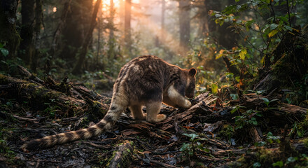 Fototapeta premium Ringtailed lemur foraging in a sunlit forest