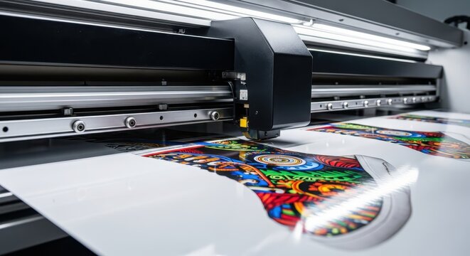 High-Speed Industrial UV Flatbed Printer Producing Vibrant Colorful Graphics on White Substrate in a Professional Print Shop