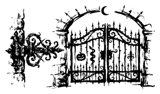 Cemetery gates with moon and ornate iron hinge gothic ink sketch illustration