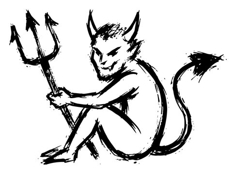 Little devil character sitting and holding a pitchfork in hand drawn ink sketch style