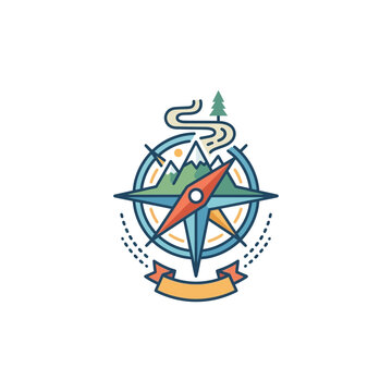 Decorative compass rose illustration featuring mountain path and pine tree motifs.