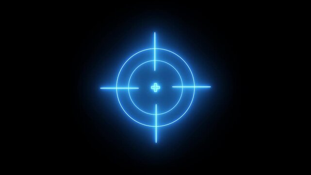 Glowing blue neon light target icon animation,Military target icon animation on black background. 4k video